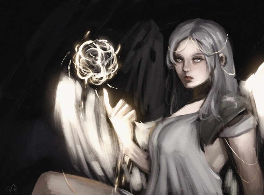 1girl, absurdres, dress, expressionless, feathered_wings, glowing, gloxartx, grey_eyes