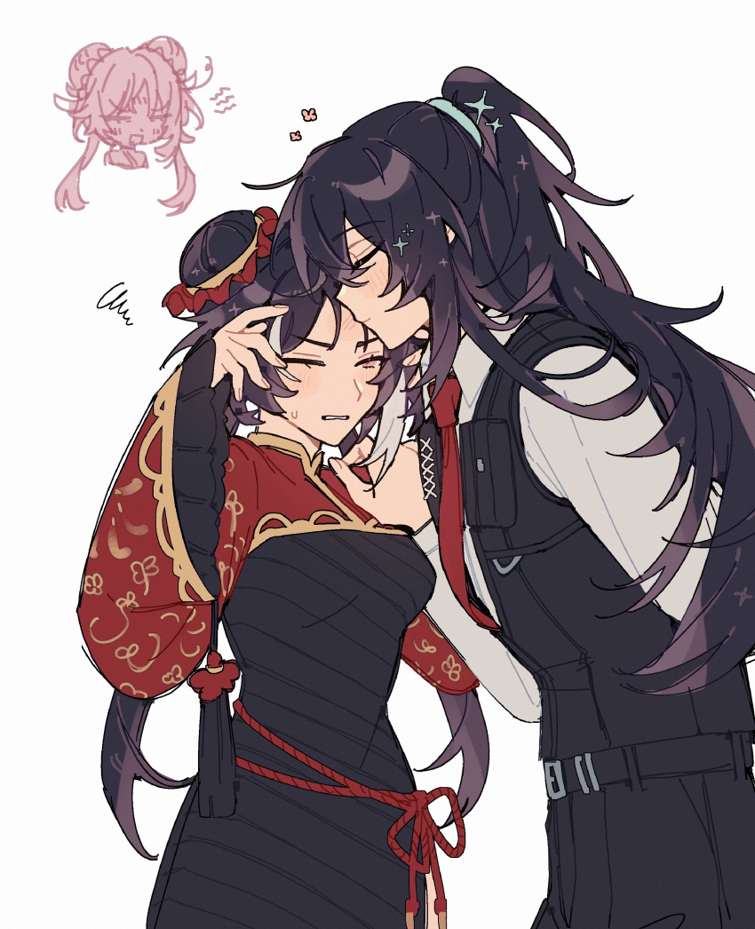 1boy, 1girl, absurdres, arms_behind_back, belt, black_belt, black_hair, black_suit