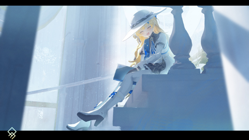 1girl, absurdres, artist_logo, blonde_hair, blue_sash, book, boots, closed_eyes