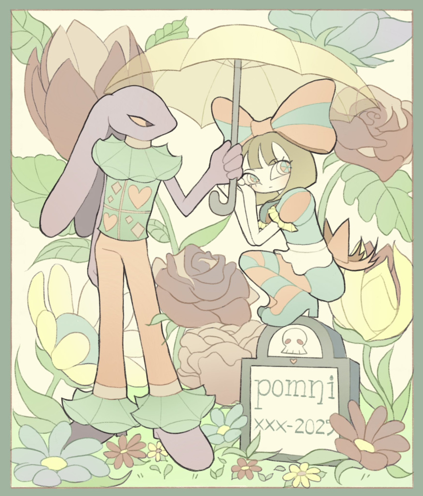 1boy, 1girl, alternate_costume, animal_ears, back_bow, blue_bow, blue_flower, blue_shoes