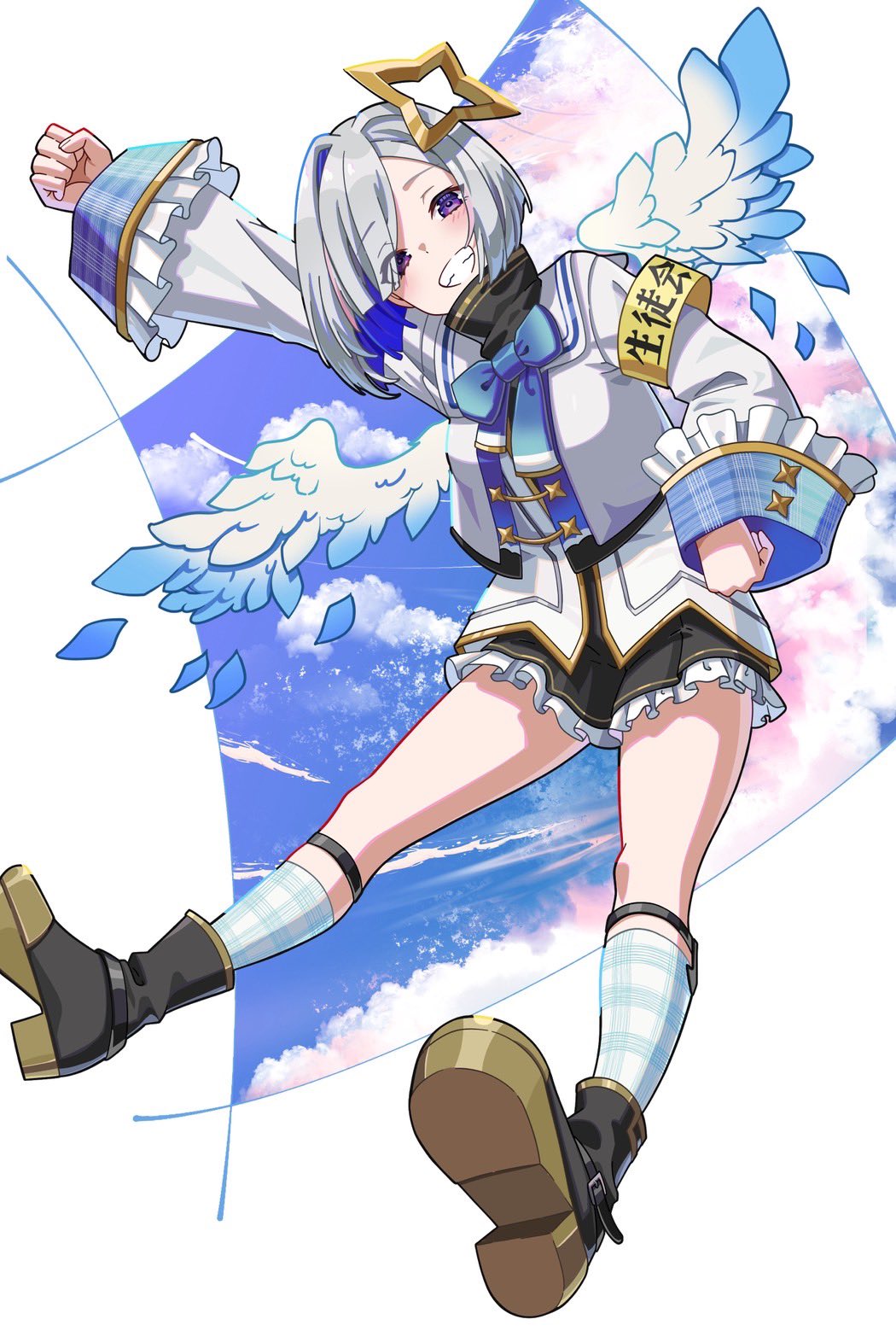 1girl, amane_kanata, amane_kanata_(1st_costume), angel, angel_wings, armband, black_dress, black_shoes, blue_hair, commentary_request, cropped_jacket, dress, grey_hair, hair_intakes, highres, hololive, jacket, looking_at_viewer, shoes, socks, solo, tomato_matoma, violet_eyes, virtual_youtuber, white_jacket, white_socks, wings, yellow_armband