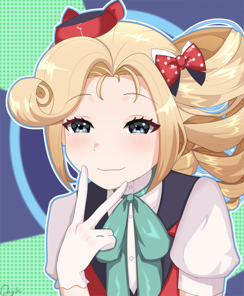 1girl, black_vest, blonde_hair, blue_choker, blue_eyes, choker, closed_mouth, commentary