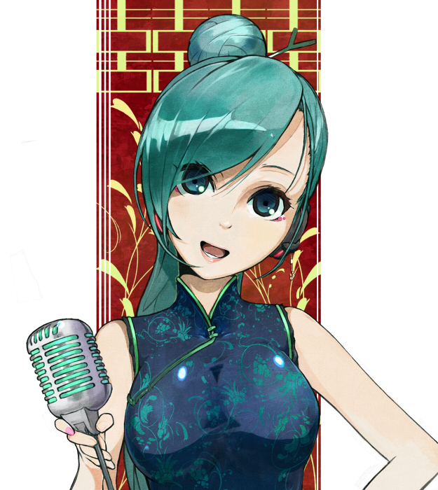 alternate_costume, alternate_hairstyle, aqua_eyes, aqua_hair, carlos_toshiki, china_dress, chinese_clothes, face, hatsune_miku, head_tilt, microphone, open_mouth, solo, spring_onion, vocaloid