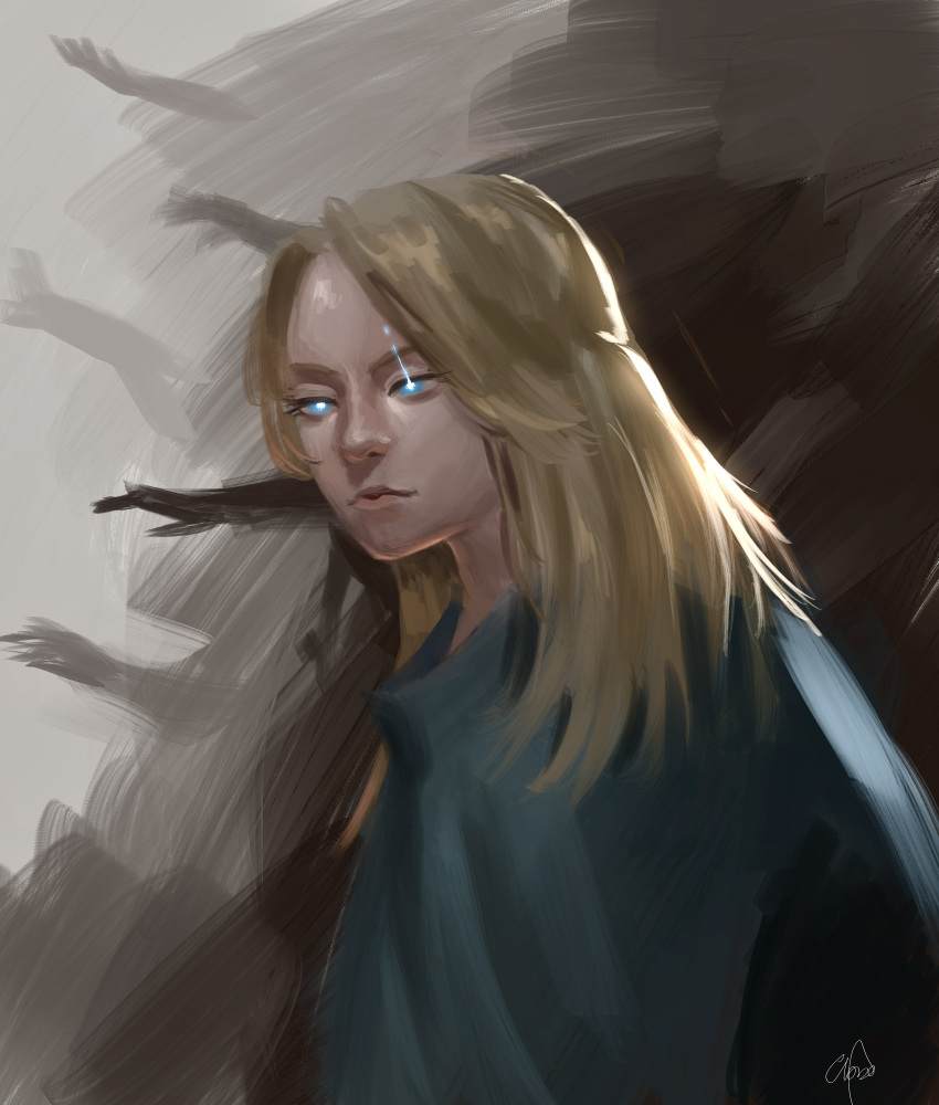 1girl, absurdres, blonde_hair, blue_eyes, cassie_(shadow_slave), glowing, glowing_eye, gloxartx
