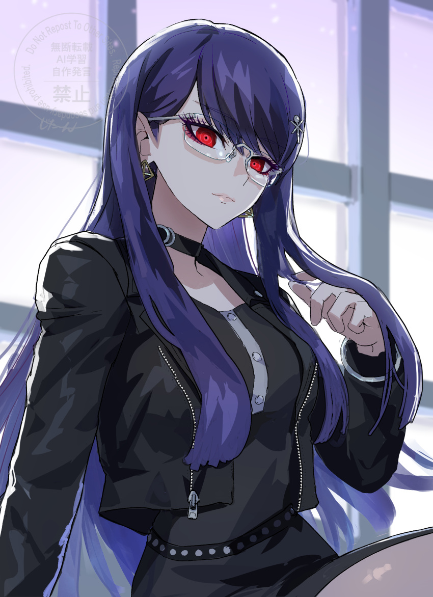 1girl, absurdres, adjusting_hair, black_choker, black_dress, black_jacket, black_shirt, black_skirt