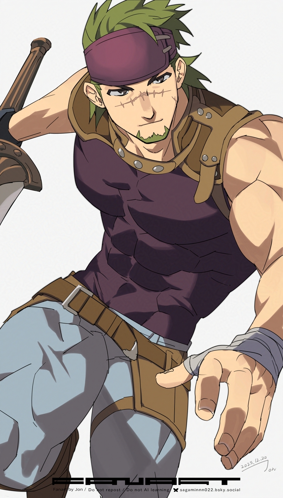 1boy, bandaged_hand, bandages, belt, biceps, blue_pants, brown_eyes, covered_abs
