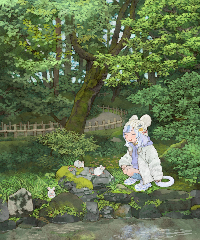 1girl, :d, absurdres, animal, animal_ears, beanie, blue_hair, blue_hoodie