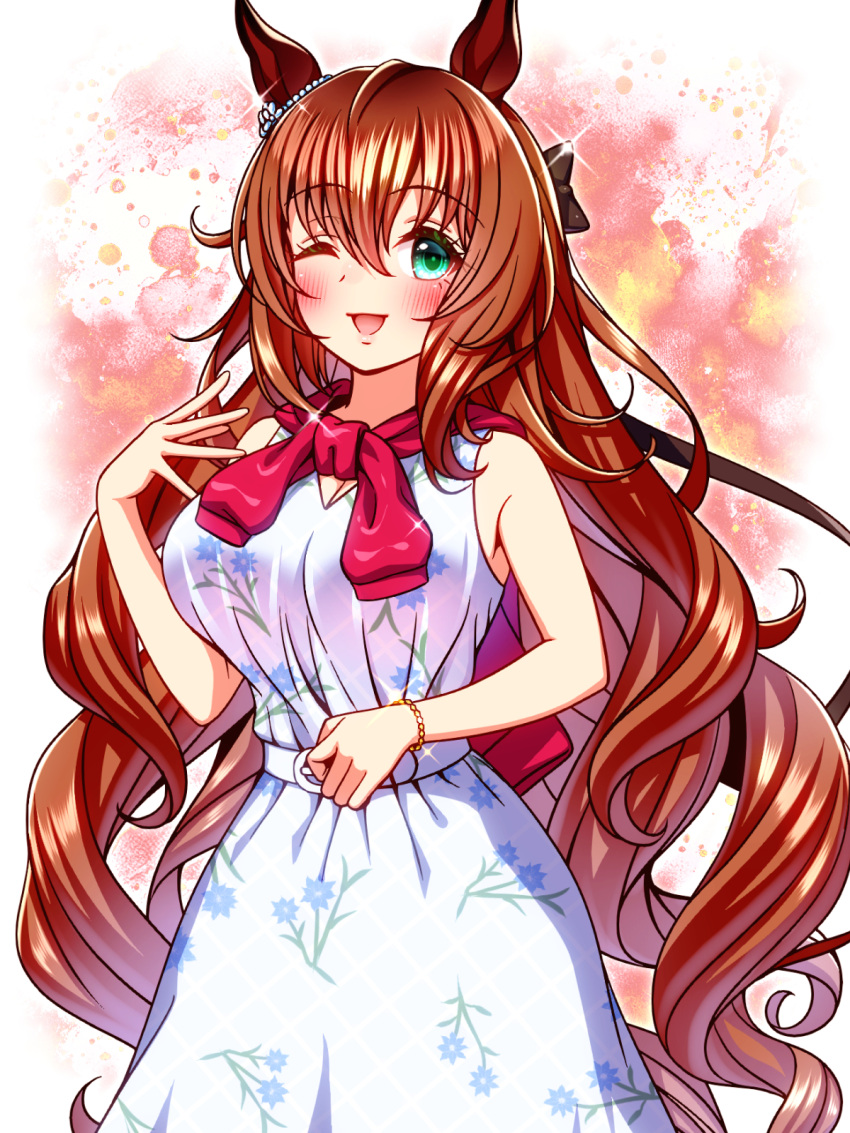 1girl, animal_ears, aqua_eyes, bare_arms, bare_shoulders, blush, breasts, brown_hair