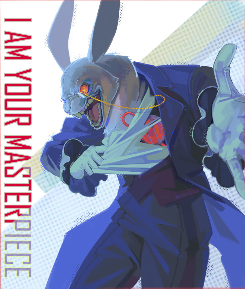 1boy, absurdres, blue_suit, colored_sclera, cowboy_shot, crazy_eyes, crazy_smile, devil_may_cry_(netflix), devil_may_cry_(series), english_text, furry, furry_male, gloves, highres, male_focus, monocle, open_mouth, orange_sclera, purple_vest, rabbit_boy, shirt, smile, suit, tearing_clothes, teeth, tongue, torn_clothes, tsima_d, vest, white_gloves, white_rabbit_(devil_may_cry), white_shirt