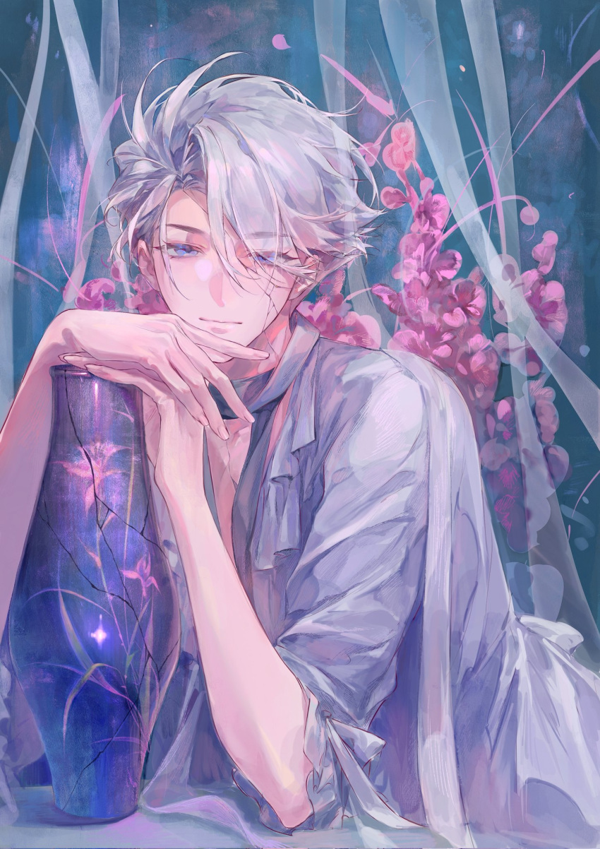 1boy, alternate_costume, black_scarf, blue_eyes, broken_vase, closed_mouth, cracked_skin, elbow_rest
