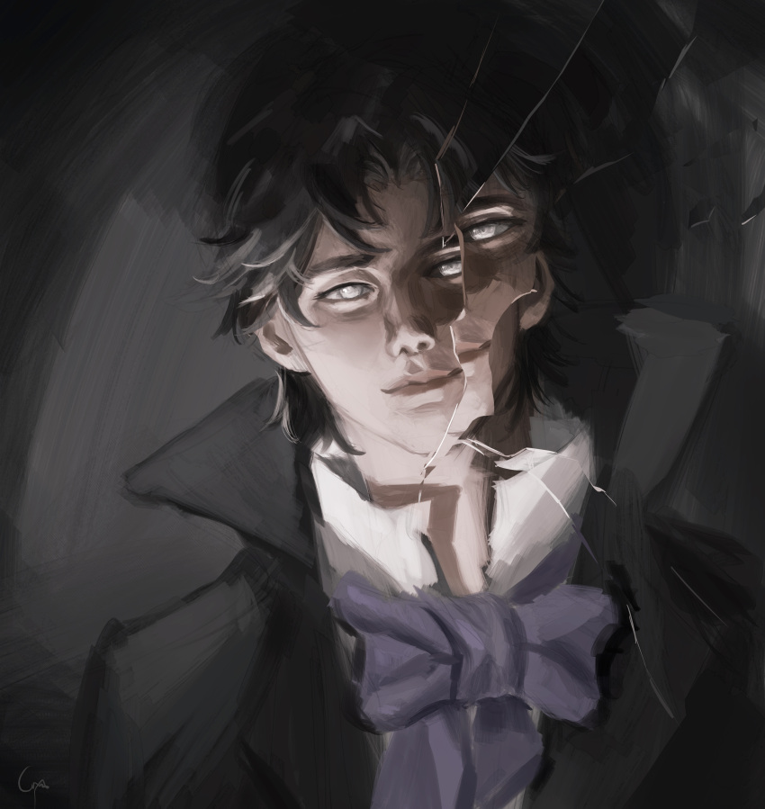 1boy, absurdres, aegyo_sal, black_coat, bow, bowtie, broken_glass, coat