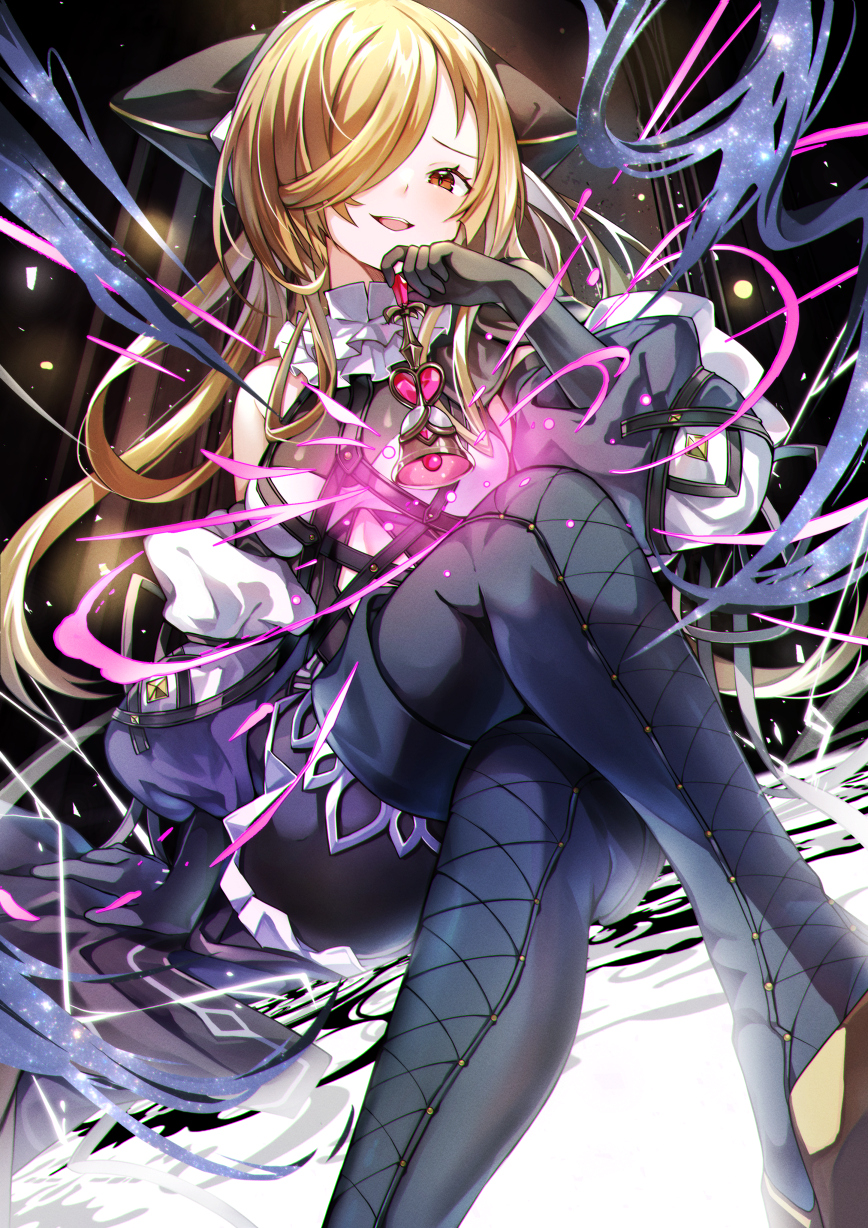 07touka25, 1girl, another_eden, black_boots, black_gloves, blonde_hair, boots, commentary_request, crossed_legs, detached_sleeves, dress, elbow_gloves, gloves, hat, highres, holding, lace-up_boots, navel, pantyhose, red_eyes, sitting, smile, solo, thigh_boots, wenefica_(another_eden)