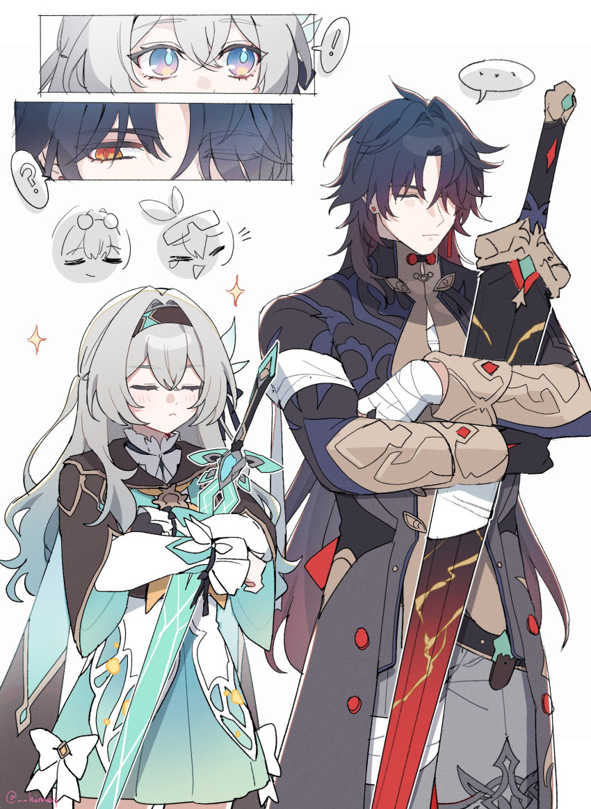!, ..., 1boy, 1girl, ?, ahoge, bandaged_hand, bandages