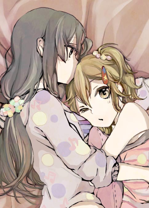 akiyama_mio, alice-yuki, alternate_hairstyle, bare_shoulders, black_hair, brown_eyes, brown_hair, casual