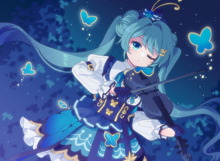1girl, aqua_eyes, aqua_hair, black_gloves, blue_butterfly, blue_skirt, blush, bow_(music)