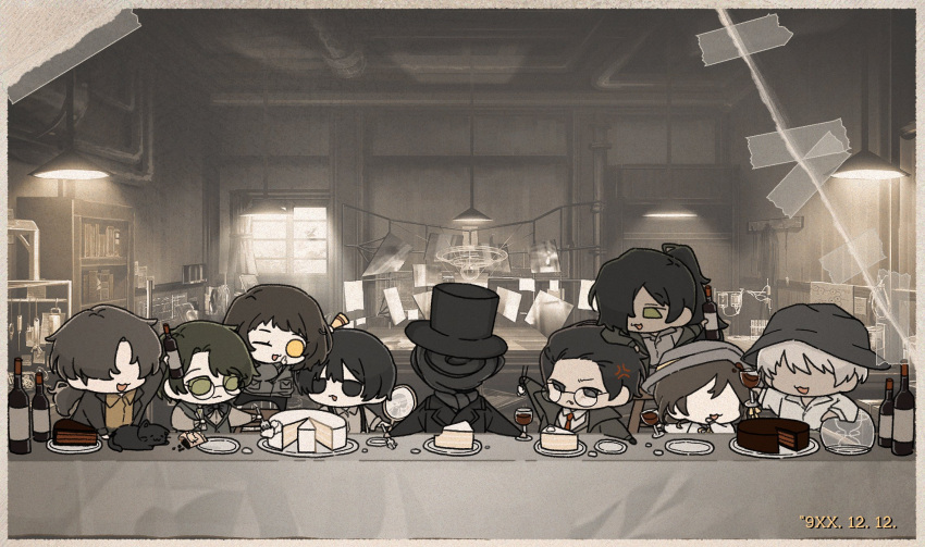 2girls, 6+boys, :d, alcohol, alt_text, anger_vein, aseah_(project_moon), black_coat, black_eyes, black_hat, black_scarf, bottle, brown_hat, bucket_hat, cake, cake_slice, cat, chair, chibi, chibi_only, chocolate_cake, chopsticks, coat, commentary, cup, curtained_hair, d_ecember12th, dinner, dongbaek_(project_moon), dongrang_(project_moon), drinking_glass, eating, english_commentary, faceless, food, green_eyes, grey_shirt, gubo_(project_moon), hair_between_eyes, hair_over_one_eye, hair_slicked_back, hat, highres, holding, holding_bottle, holding_mirror, league_of_nine_litterateurs, limbus_company, long_hair, mirror, multiple_boys, multiple_girls, necktie, official_art_inset, photo_(object), plate, ponytail, project_moon, red_necktie, rim_(project_moon), scarf, scene_reference, shirt, short_hair, smile, suspenders, table, the_last_supper, timestamp, top_hat, torn_paper, white_hair, white_shirt, wine, wine_glass, yellow_eyes, yi_sang_(project_moon)