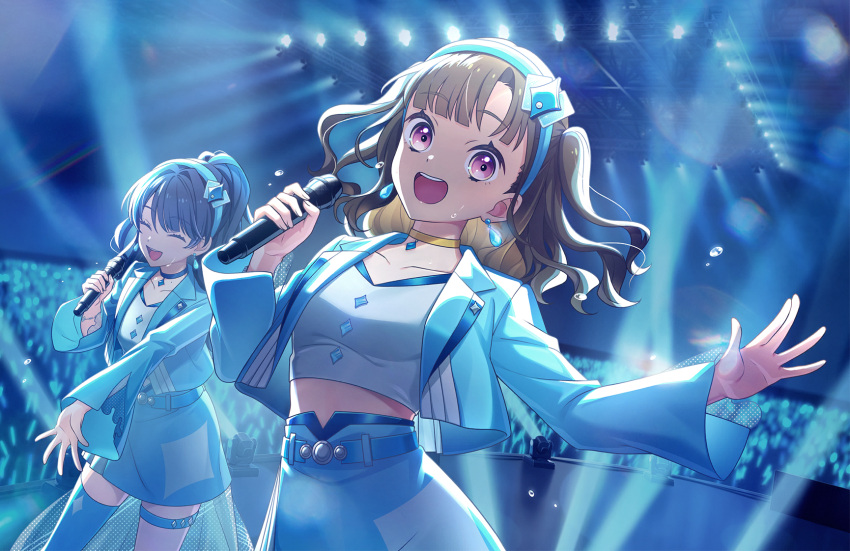 2girls, :d, ^_^, blue_choker, blue_hair, blue_hairband, blue_jacket, blue_skirt