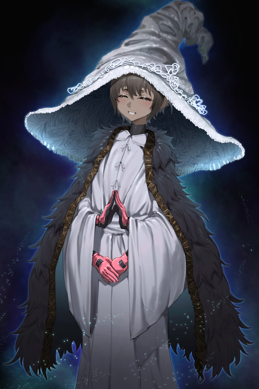 1girl, absurdres, alternate_costume, arknights, brown_hair, closed_eyes, crossover, dark-skinned_female, dark_skin, elden_ring, extra_arms, ghosty_(xiaobai), gloves, grin, hat, highres, long_sleeves, pink_gloves, raidian_(arknights), ranni_the_witch, robe, short_hair, smile, solo, white_robe, wide_sleeves, witch_hat