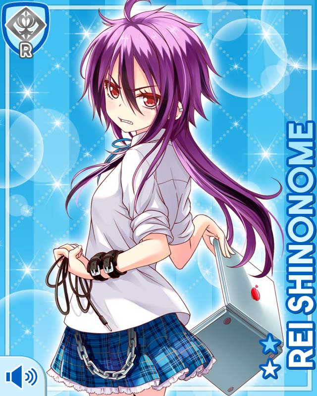 1girl, ahoge, blue_background, blue_skirt, card_(medium), chain, character_name, computer