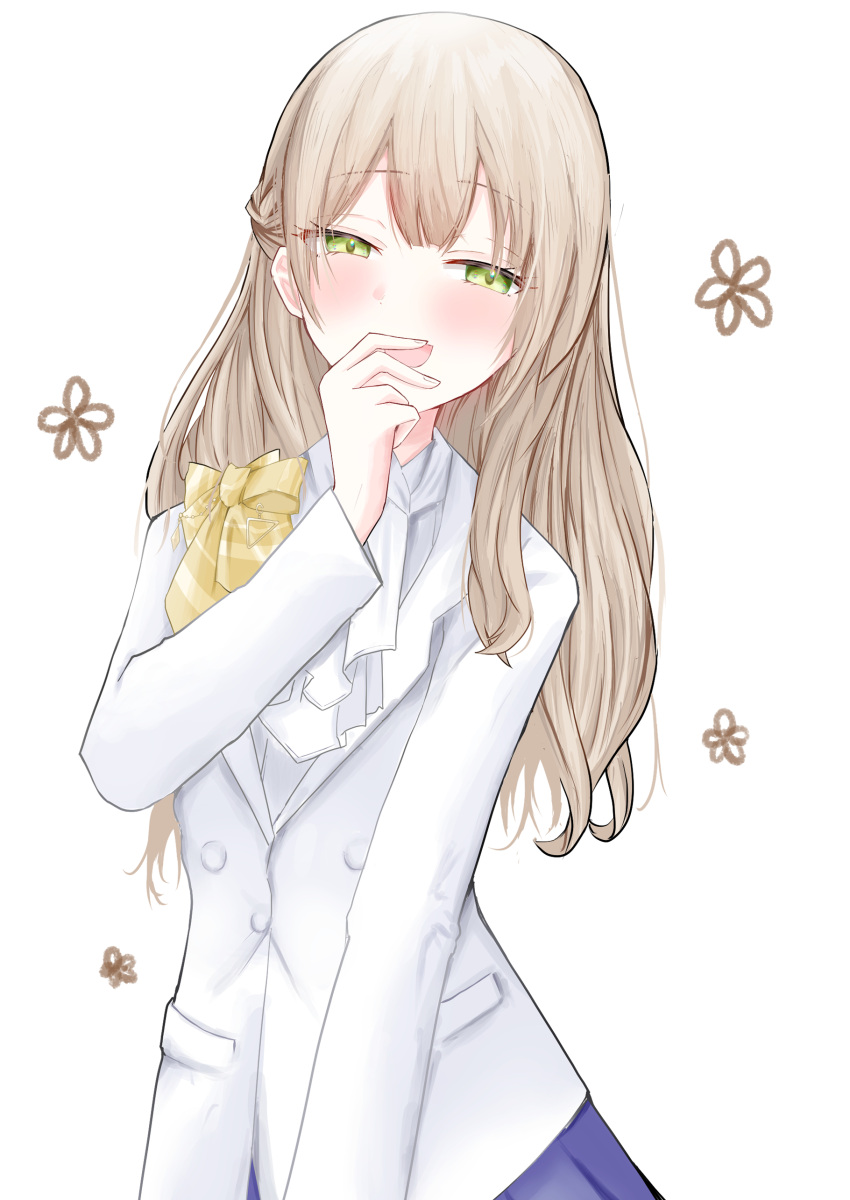 1girl, absurdres, ascot, blue_skirt, blush, brown_hair, covering_own_mouth, green_eyes