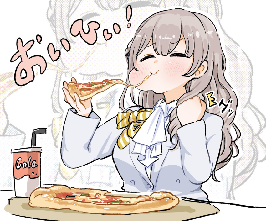 1girl, ascot, blush, brown_hair, closed_eyes, closed_mouth, cola, eating