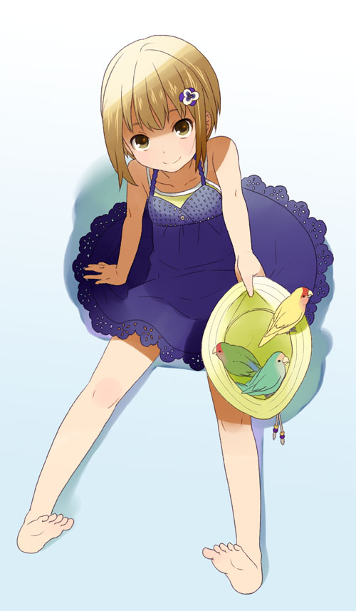 bare_legs, bare_shoulders, bird, brown_eyes, brown_hair, camisole, collarbone, dress
