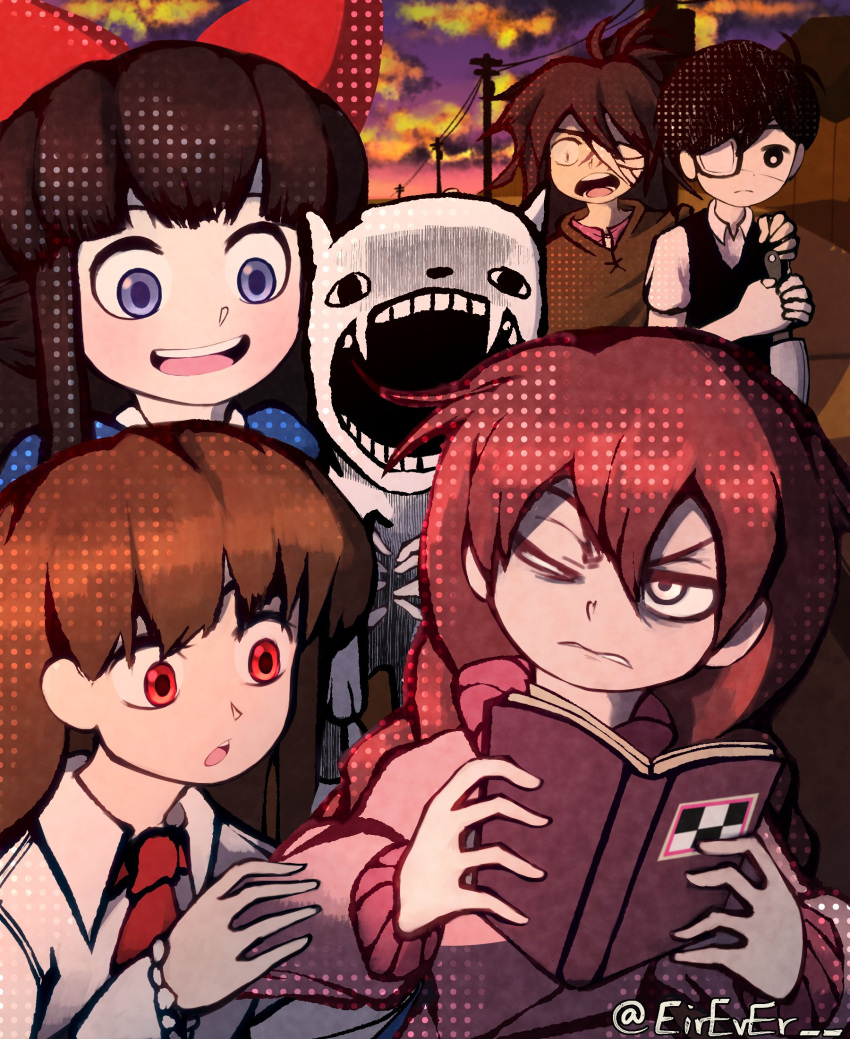 2boys, 4girls, annoyed, artist_name, aya_drevis, book, buddy_(lisa), cat