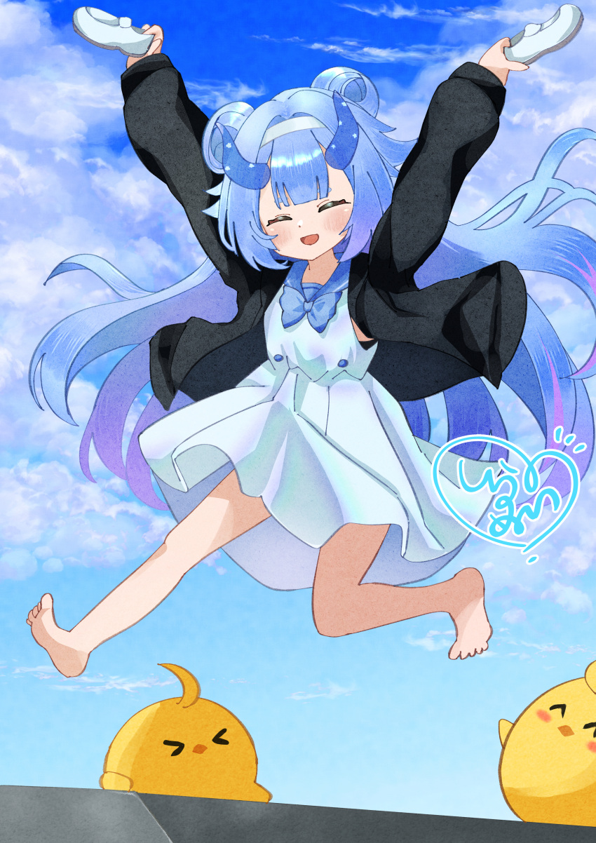 >_<, 1girl, :d, absurdres, arms_up, azur_lane, barefoot, black_jacket
