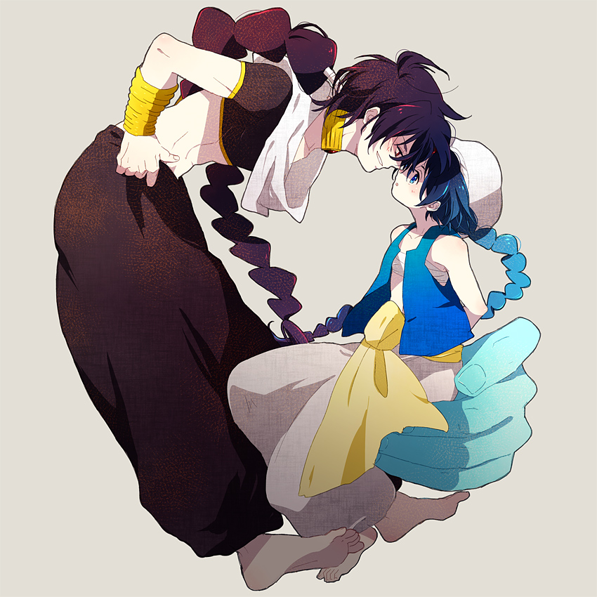 aladdin_(magi), baggy_pants, barefoot, black_hair, blue_hair, braid, child, guttary