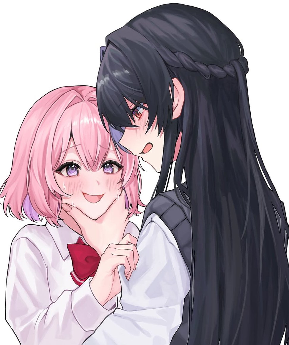 2girls, amaori_renako, ashigaya_high_school_uniform, black_hair, blush, bow, bowtie, braid