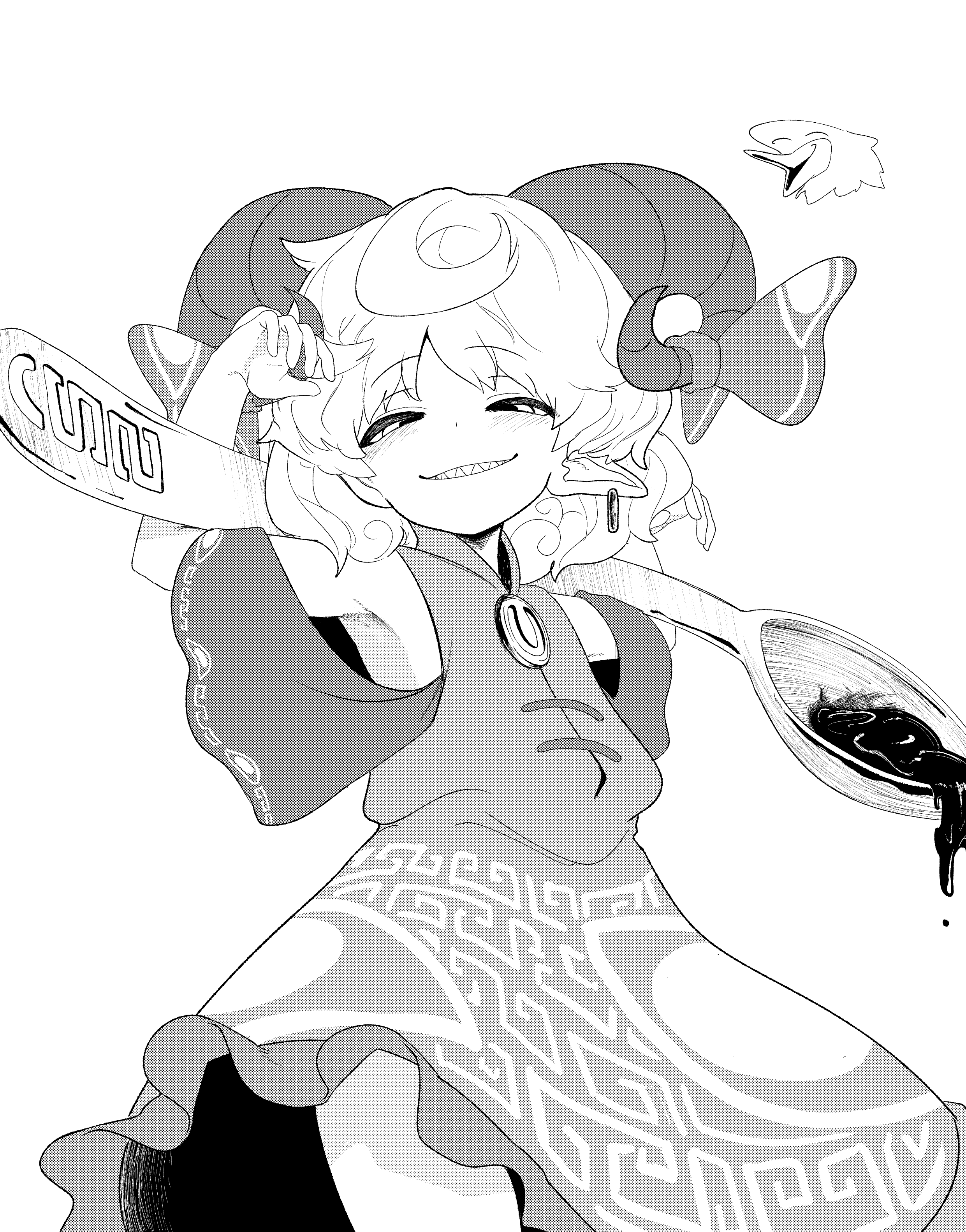 1girl, absurdres, armpits, commentary_request, dress, eagle_spirit_(touhou), earrings, grin