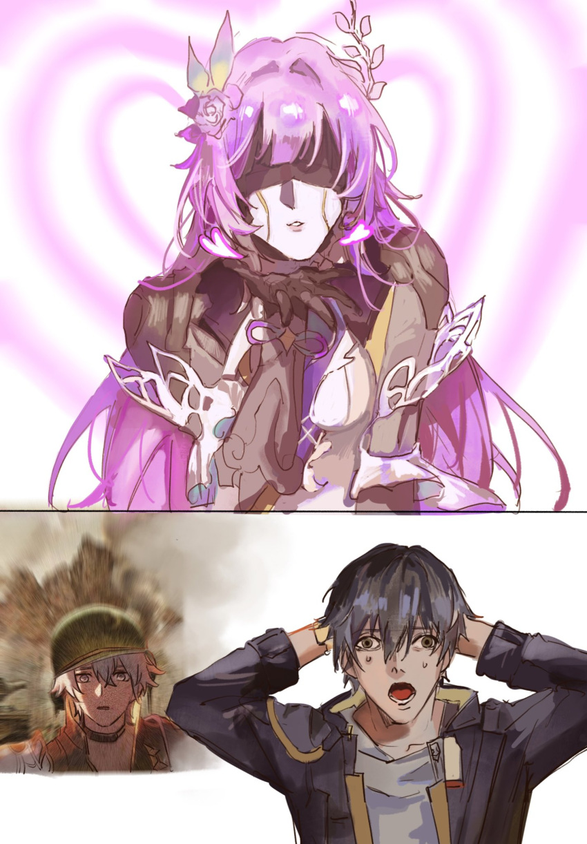 3boys, armor, black_choker, black_coat, black_gloves, blowing_kiss, blue_eyes, blue_ribbon