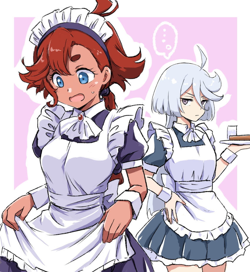 ..., 2girls, ahoge, apron, apron_hold, ascot, black_dress, black_eyes