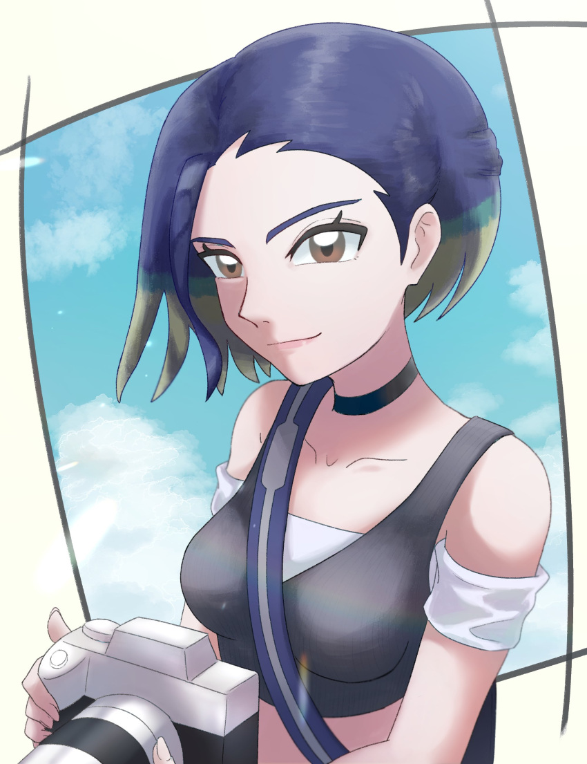 1girl, absurdres, akitu_ma_ru, armband, bare_shoulders, black_armband, black_choker, blue_hair