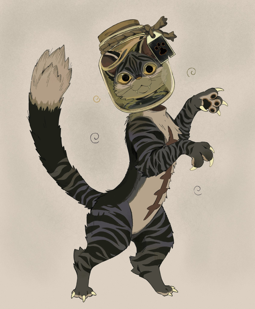 cat, colored_sclera, commentary, disembodied_head, english_commentary, film_grain, furry, head_in_jar, headless, highres, original, rope, scar, solid_circle_pupils, sorochii, standing, swirl, tag, tiger_stripes, white_background, yellow_sclera