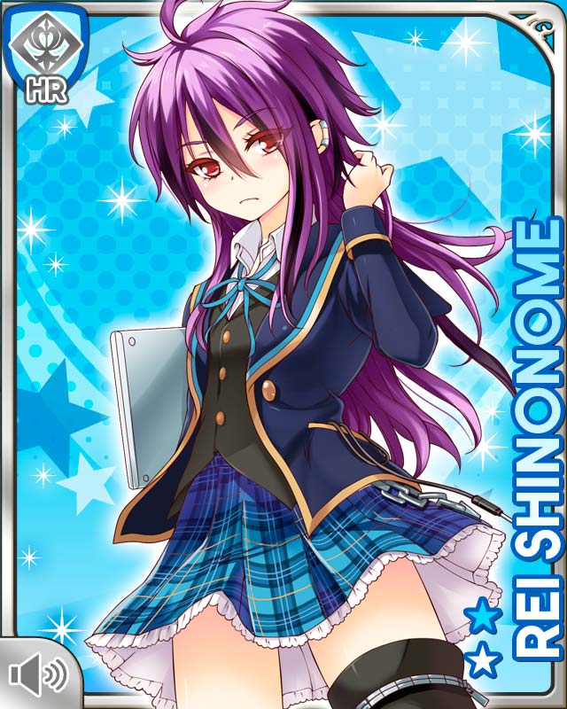 1girl, ahoge, black_vest, blue_background, blue_skirt, card_(medium), chain, character_name