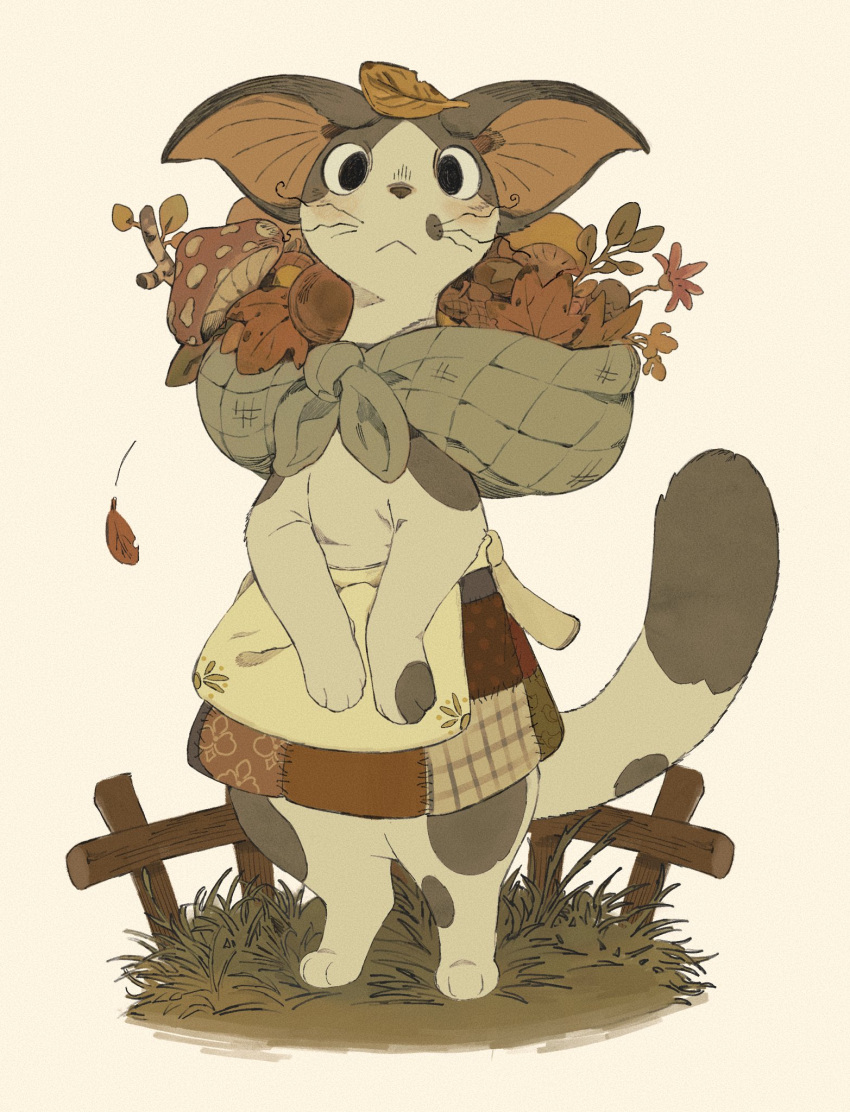 backpack, bag, blush, cat, commentary, english_commentary, falling_leaves, fence