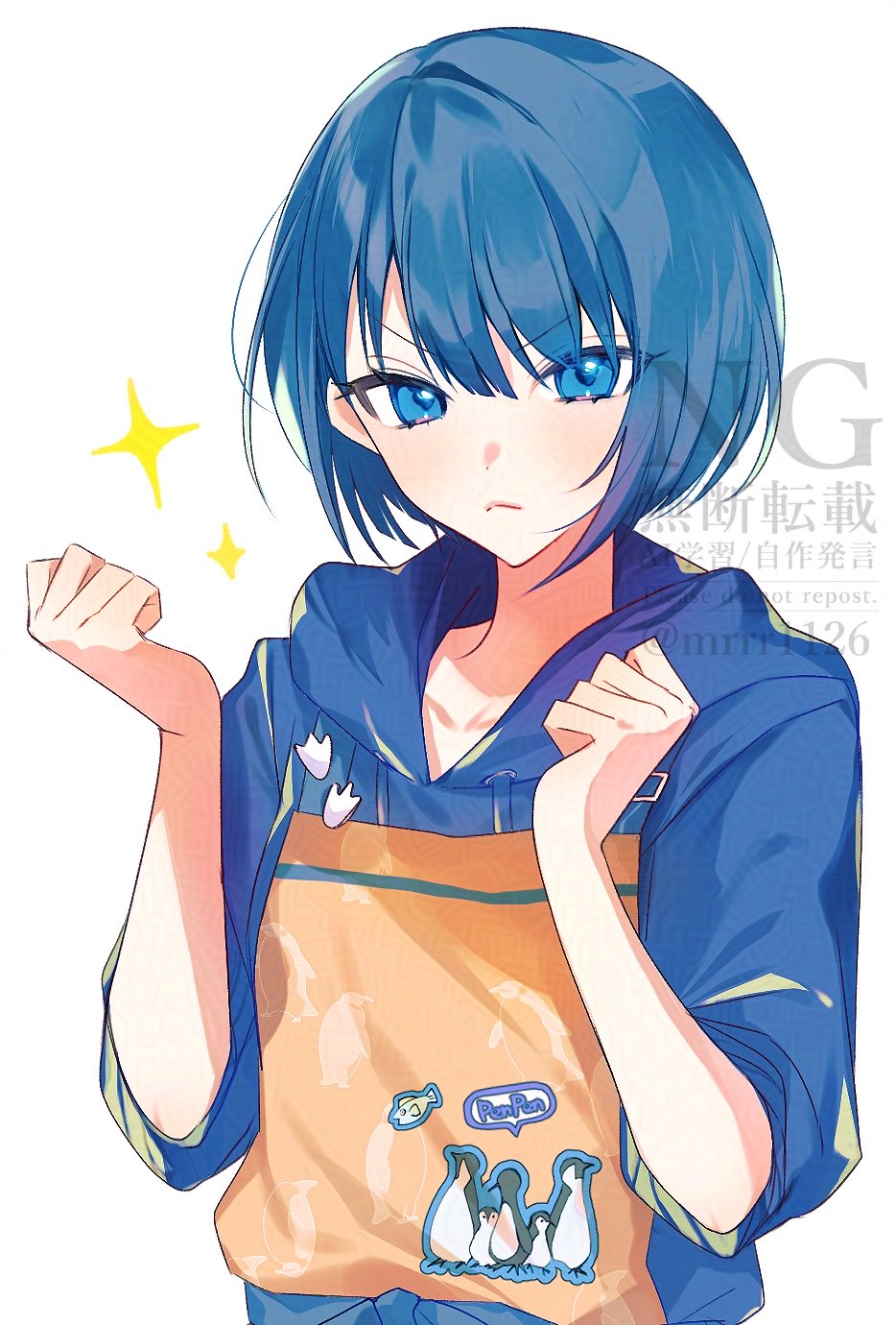 1girl, :<, adversarial_noise, apron, bird, blue_eyes, blue_hair, blue_hoodie