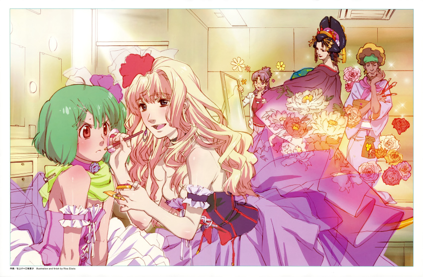 applying_makeup, bare_shoulders, blonde_hair, bobby_margot, choker, closed_eyes, crossdressinging, dress