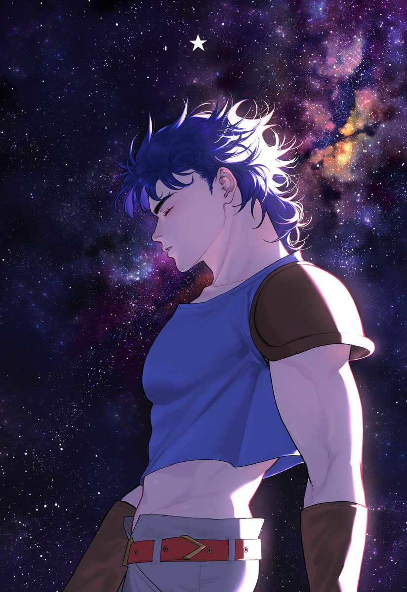 1boy, armor, belt, blue_hair, blue_shirt, blue_tank_top, closed_eyes, floating_hair