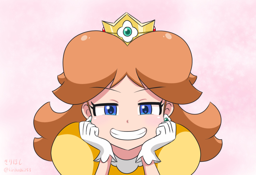 1girl, artist_name, blue_eyes, brown_hair, commentary_request, dress, earrings, elbow_rest
