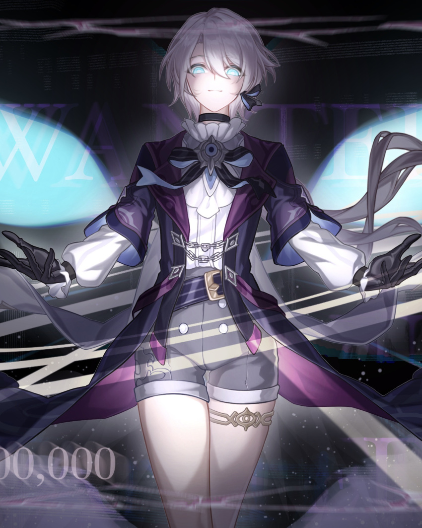 1boy, arms_up, belt, black_gloves, blue_eyes, chinese_commentary, closed_mouth, collar, commentary_request, elio_(honkai:_star_rail), evil_smile, floating_hair, frilled_collar, frilled_sleeves, frills, gloves, glowing, glowing_eyes, hair_between_eyes, hair_ribbon, highres, honkai:_star_rail, honkai_(series), jewelry, jiabaina, layered_sleeves, light_blush, long_sleeves, looking_at_viewer, looking_down, low_ponytail, ponytail, procreate_(medium), ribbon, shade, shaded_face, short_sleeves, shorts, smile, solo, suit, thighlet, thighs, upper_body, white_hair
