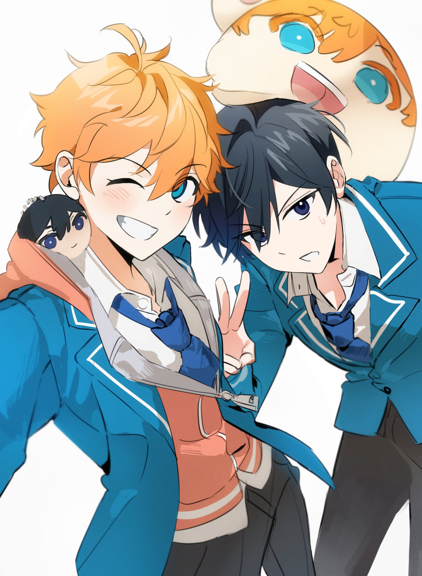 2boys, absurdres, akehoshi_subaru, black_hair, black_pants, blazer, blue_eyes, blue_jacket