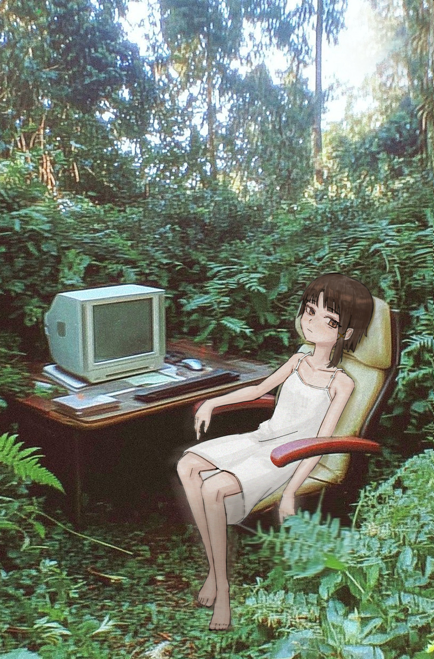 1girl, asymmetrical_hair, barefoot, brown_eyes, brown_hair, chair, closed_mouth, collarbone, commentary, computer_keyboard, computer_mouse, day, desk, dress, english_commentary, forest, highres, iwakura_lain, looking_at_viewer, monitor, nature, outdoors, photo_background, serial_experiments_lain, sitting, solo, sundress, swivel_chair, tree, white_dress, yuroroo