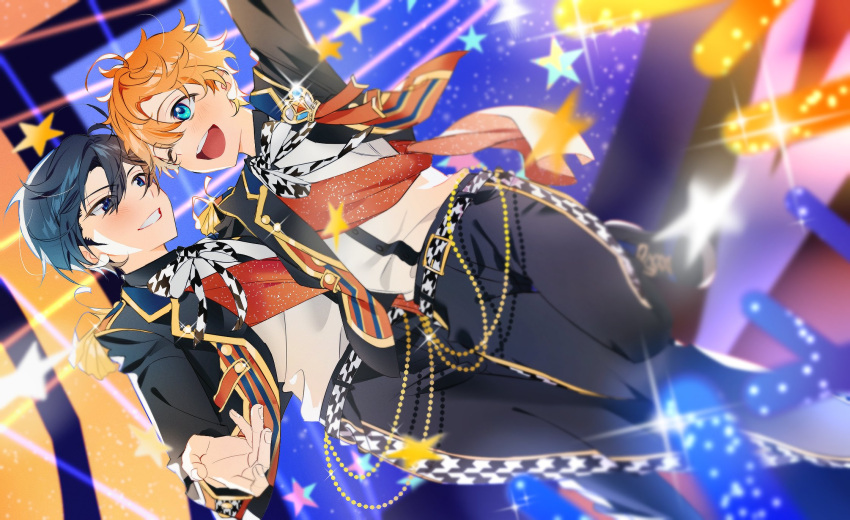 2boys, akehoshi_subaru, arm_up, belt, black_hair, black_pants, blue_eyes, bow