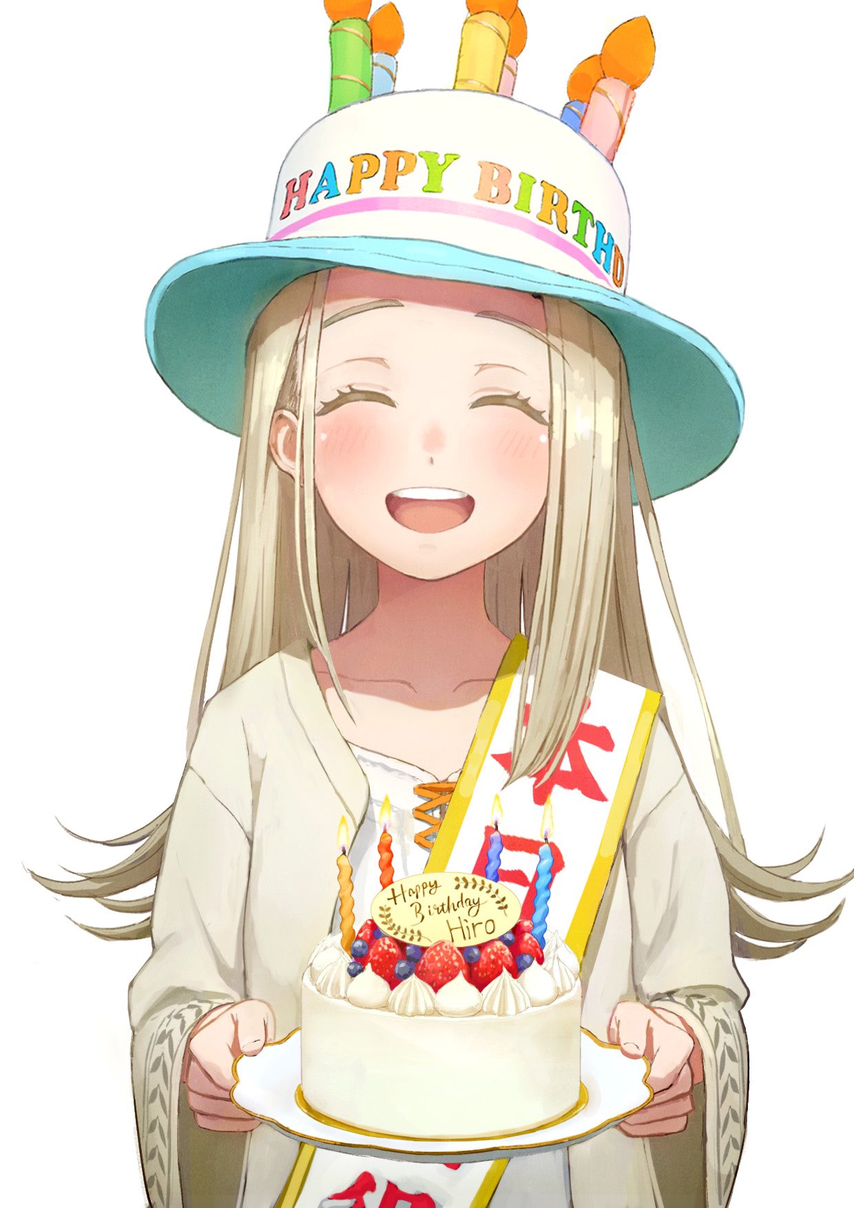 1girl, birthday, birthday_cake, birthday_sash, blonde_hair, blush, cake, cake_hat