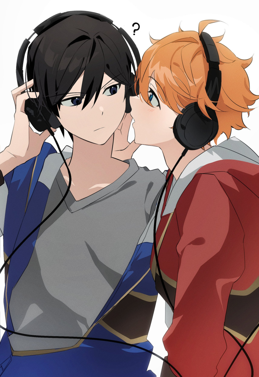 2boys, ?, absurdres, adjusting_headphones, akehoshi_subaru, black_hair, blue_jacket, chikasarang