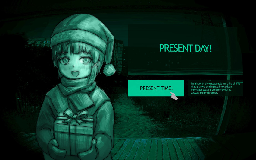 1girl, alternate_costume, asymmetrical_hair, blush, coat, commentary, dialogue_box, english_commentary