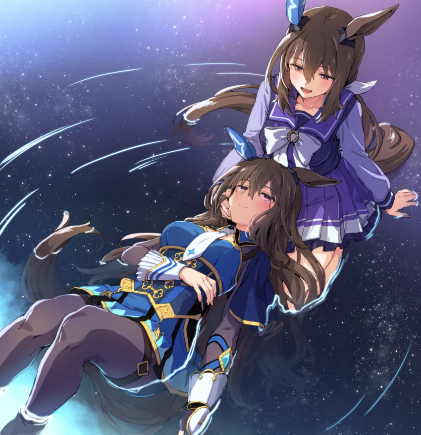 2girls, admire_vega's_twin_sister_(umamusume), admire_vega_(starry_nocturne)_(umamusume), admire_vega_(umamusume), animal_ears, asymmetrical_footwear, bow, bowtie