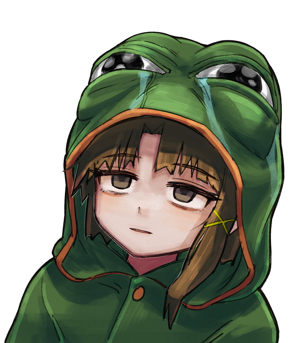 1girl, animal_costume, boy's_club, brown_eyes, brown_hair, commentary, english_commentary, frog_costume